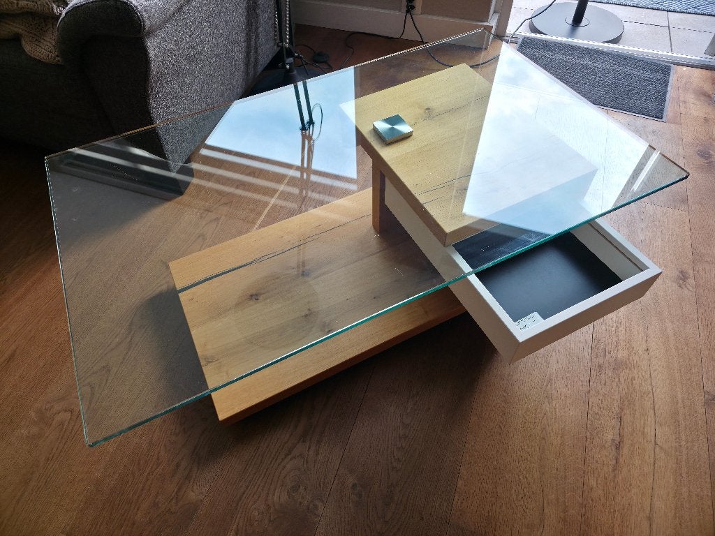 Houweling salontafel met glasplaat, Gebruikt, Eikenhout, 100 tot 150 cm, 50 tot 100 cm