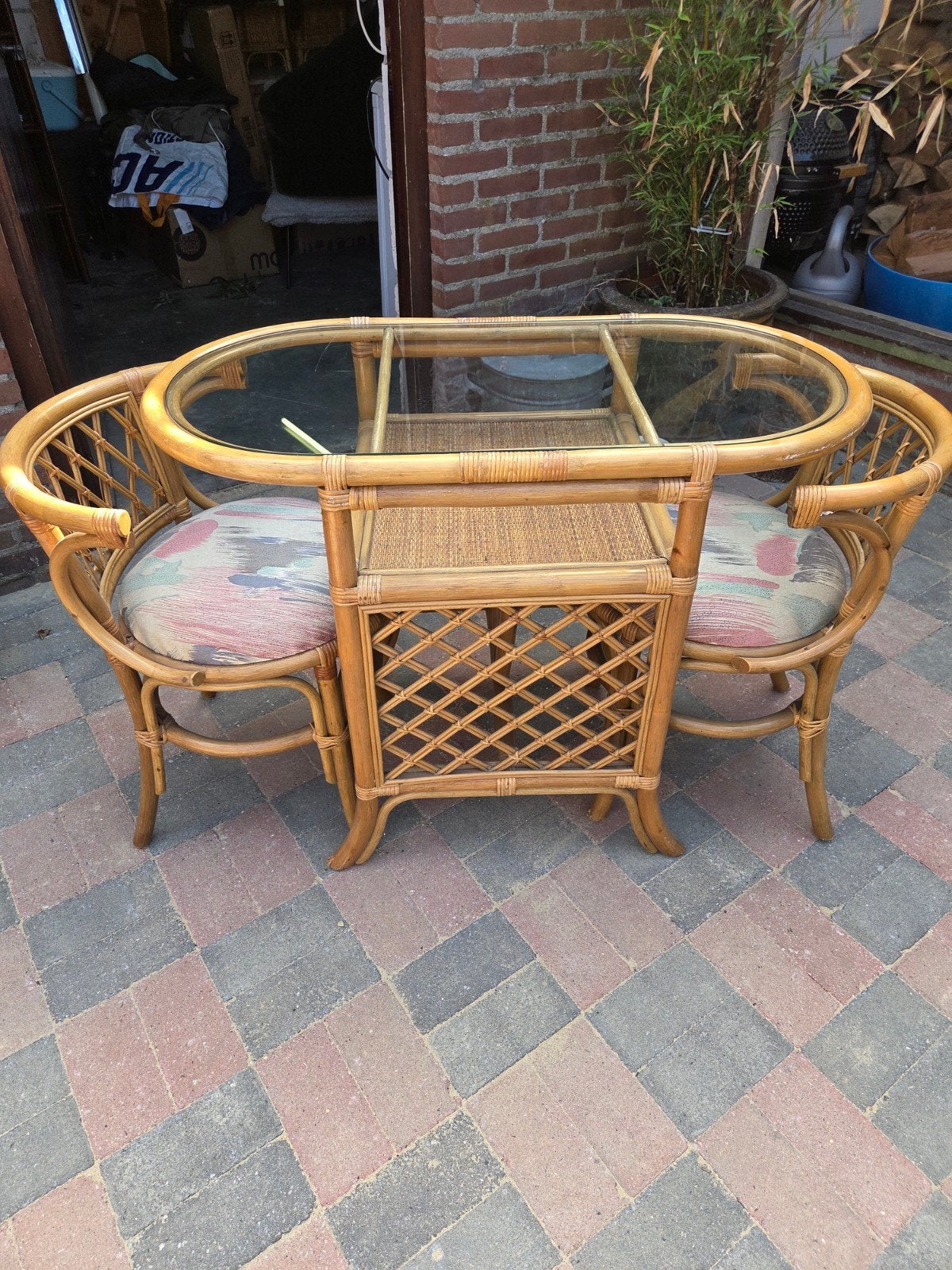 Vintage Rotan Bamboe bamboo Bistroset - Tafel met 2 Stoelen, Ophalen