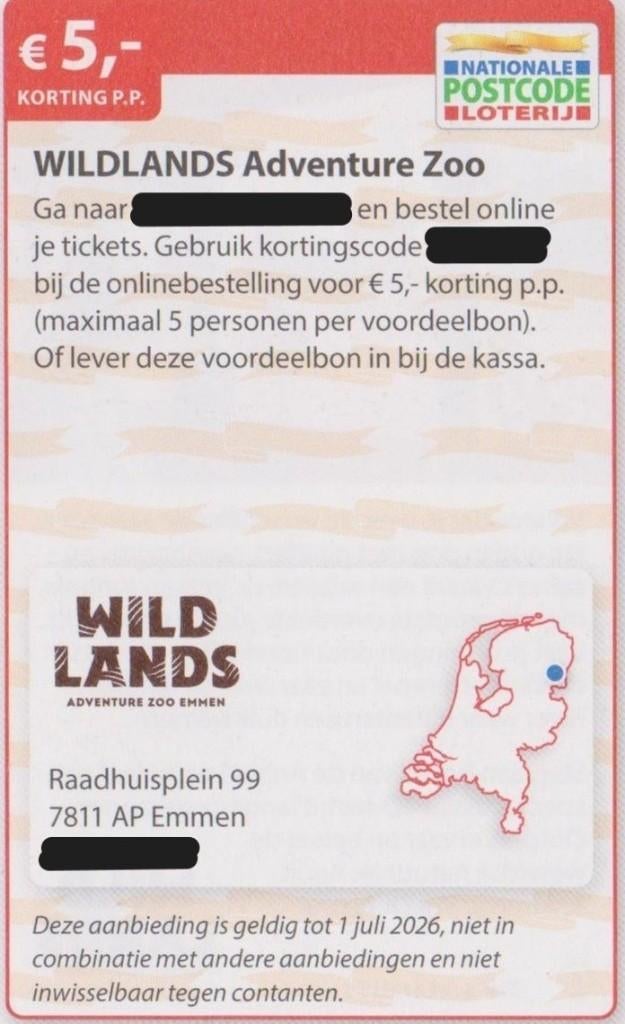 WILDLANDS Adventure Zoo Emmen. €5,- korting pp. Postcode bon, Tickets en Kaartjes, Recreatie | Dierentuinen, Drie personen of meer