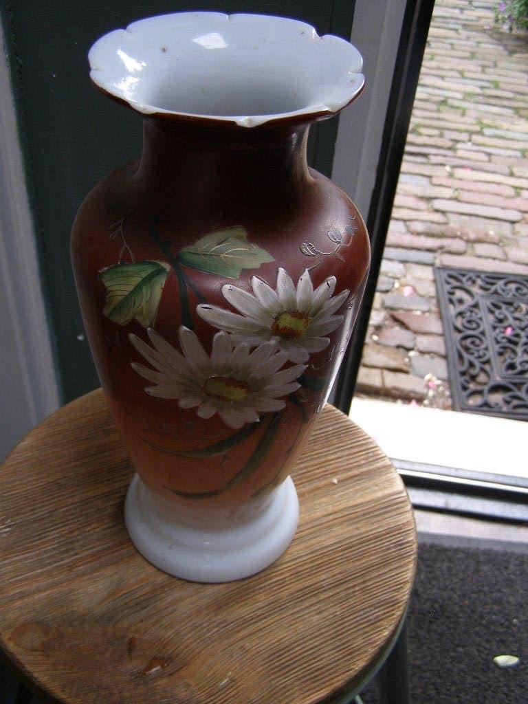 antieke opaline glazen vaas. Gaaf 27 cm Handbeschilderd 1920, Ophalen of Verzenden