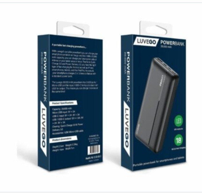 LUVEGO Powerbank 20.000 mAh - Draagbare Oplader, Ophalen of Verzenden, Nieuw, LUVEGO
