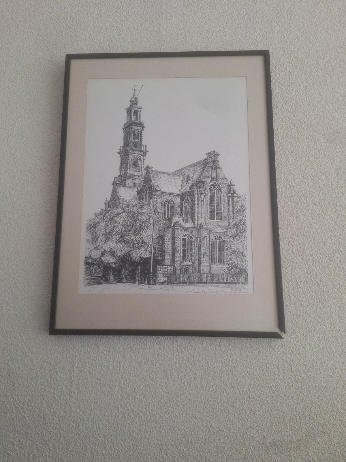 Ingelijste pentekening van Westerkerk Amsterdam, Ophalen of Verzenden, Tekening, Pentekening, Gesigneerd