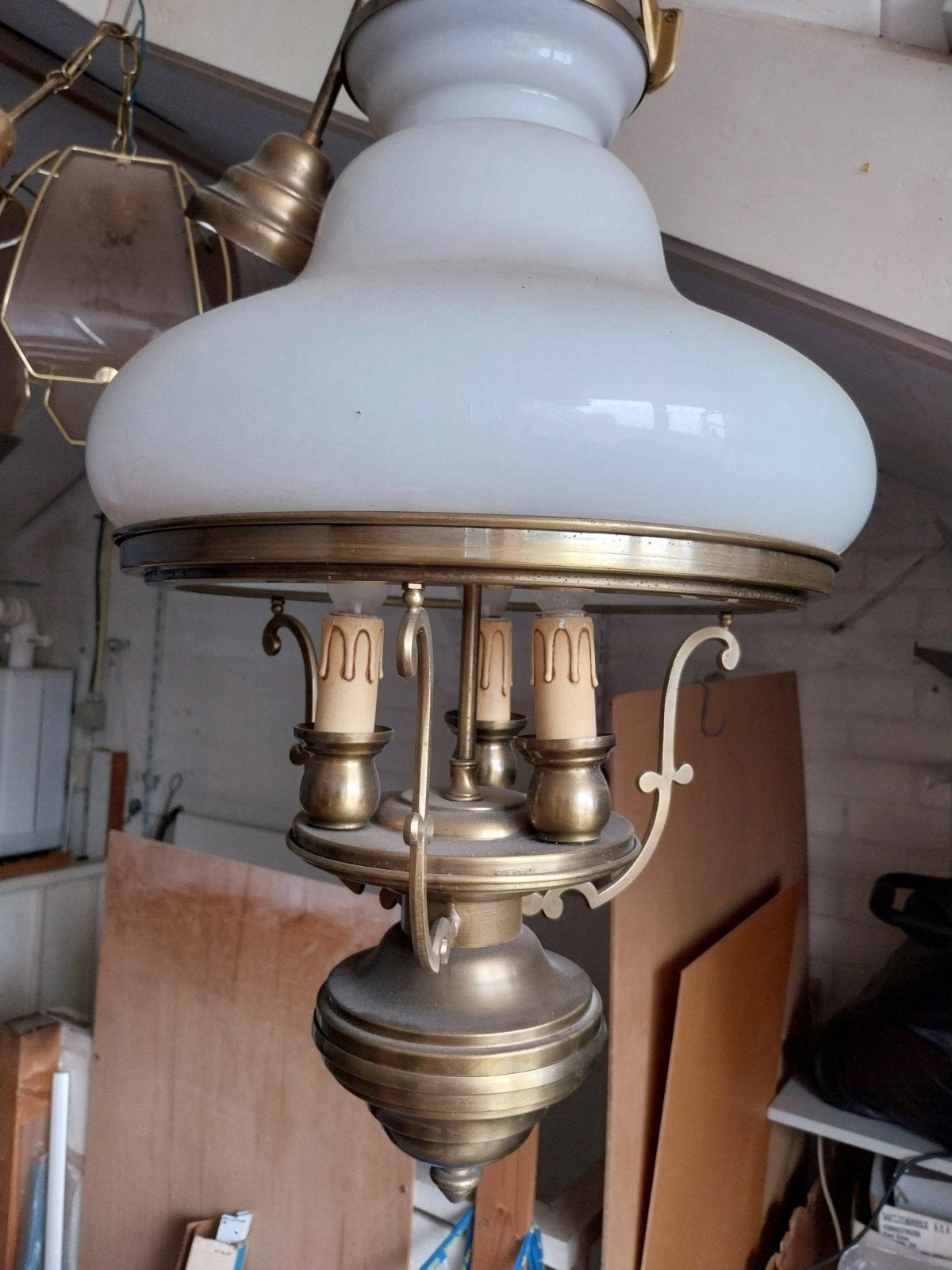 Koperen hanglamp met melkglas kap - Klassieke stijl, Ophalen of Verzenden