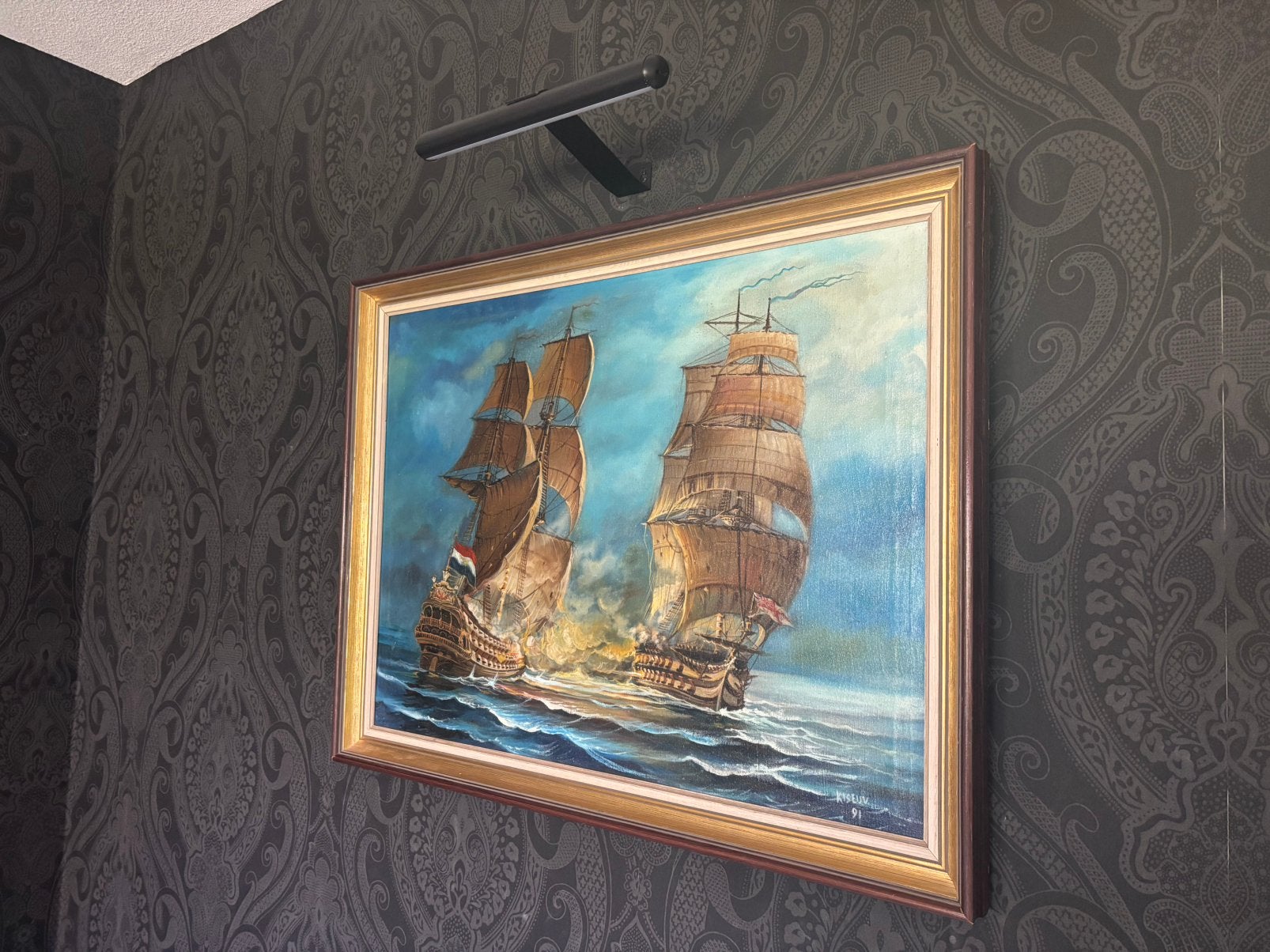 Gedetailleerde Zeeslag uit 2e Nederlandse - Engelse  oorlog, Ophalen, Maritiem / water, Doek, Bijzondere lijst