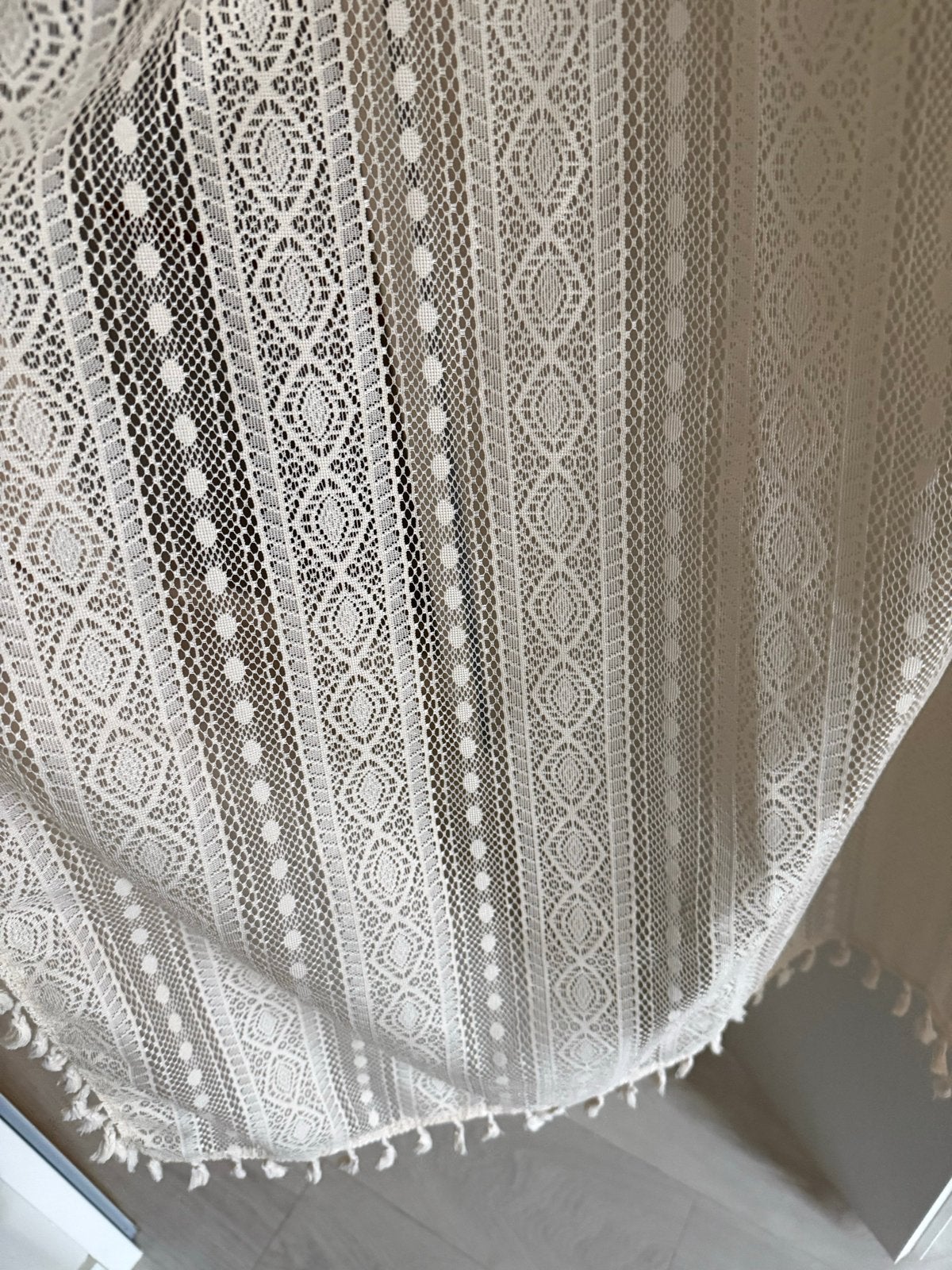 Boho Gordijn met Kwastjes - Crème Kant, 100 tot 150 cm, 200 cm of meer, Nieuw, Ophalen of Verzenden