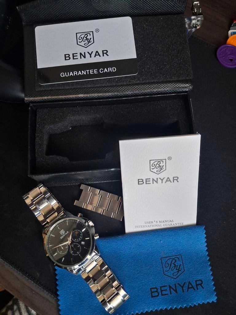 Benyar Horloge met Datum en Stopwatch Functie, Overige merken, Staal, Staal, Polshorloge