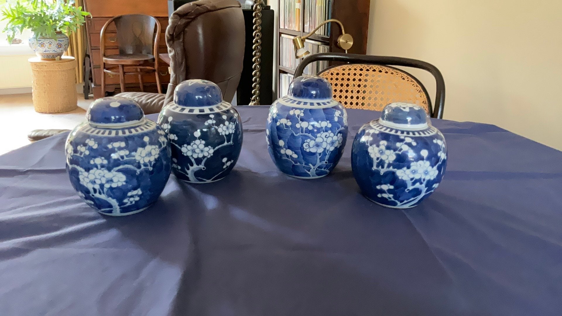 Set van 4 blauw-witte gemberpotten, 15 cm hoog, Ophalen