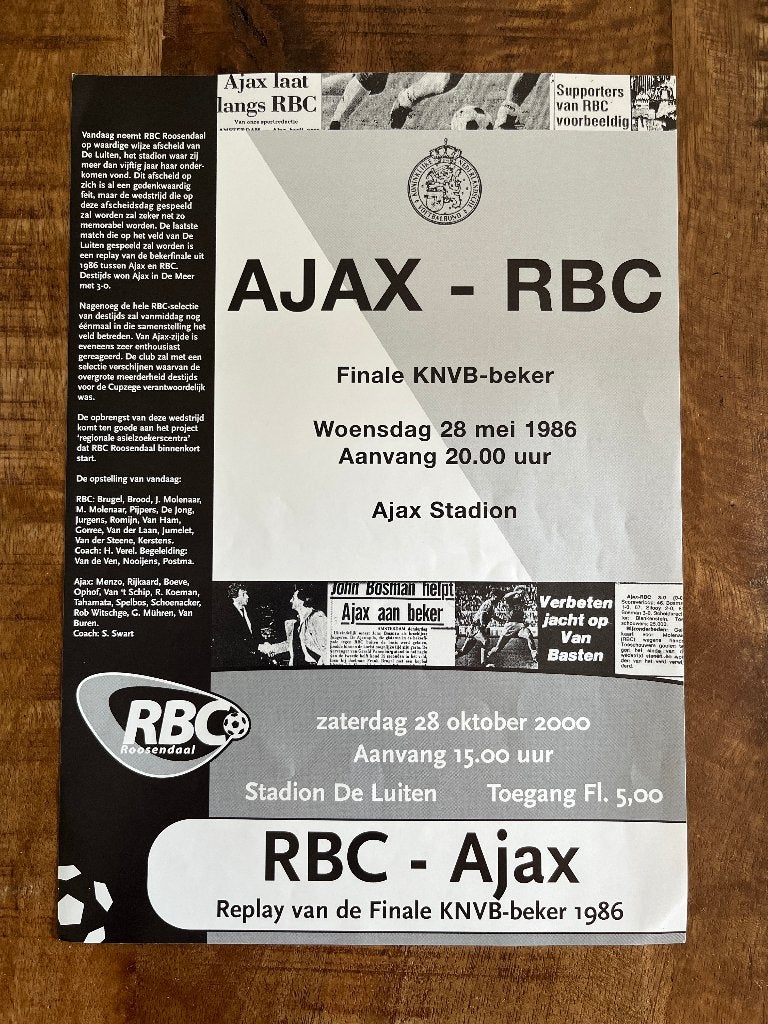 Affiche replay Finale KNVB Beker 1986 Ajax - RBC, Verzamelen, Ophalen of Verzenden, Zo goed als nieuw, Ajax, Overige typen