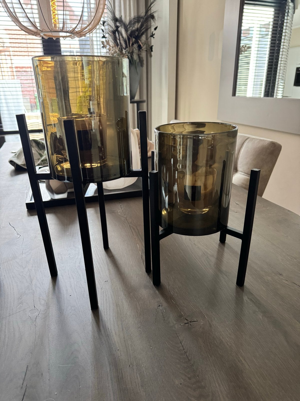 Set van 2 moderne windlichten met glazen cilinder, Windlicht, Zwart, Ophalen of Verzenden, Zo goed als nieuw