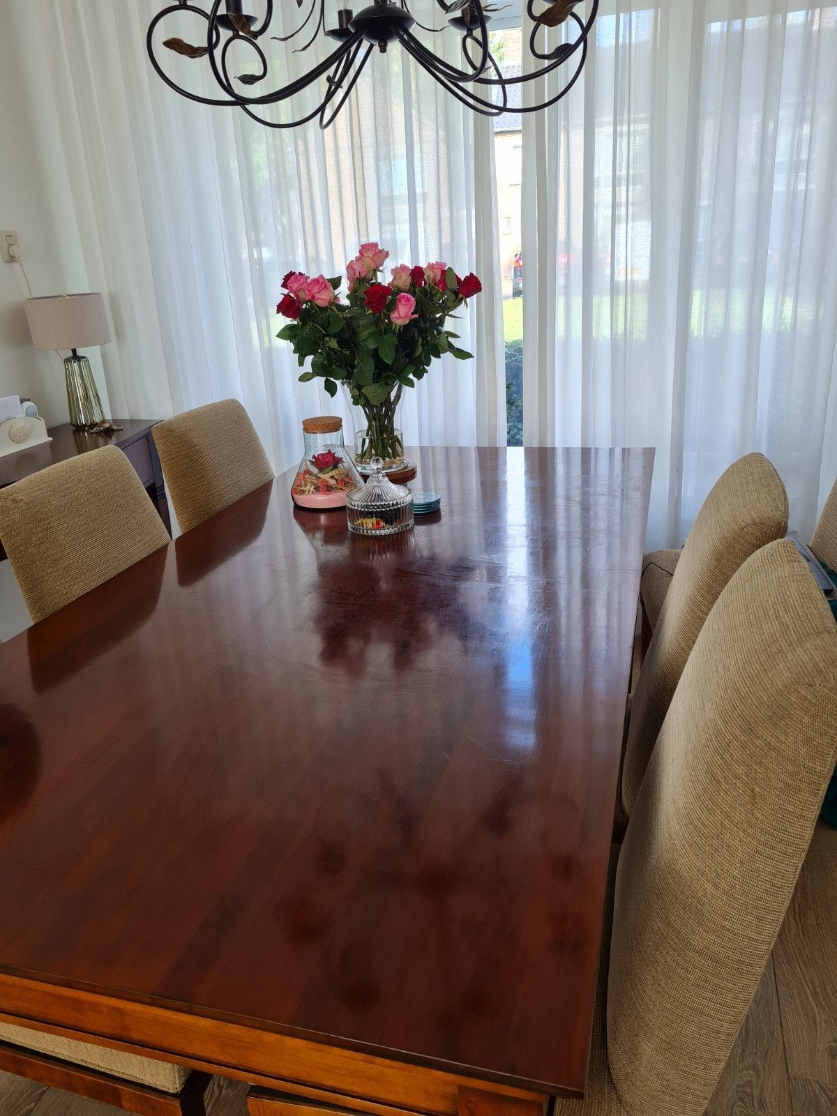 Prachtige massief kersenhouten houten eethoek met 6 stoelen., Huis en Inrichting, Ophalen, Zo goed als nieuw, Klassiek, 4 tot 6 stoelen