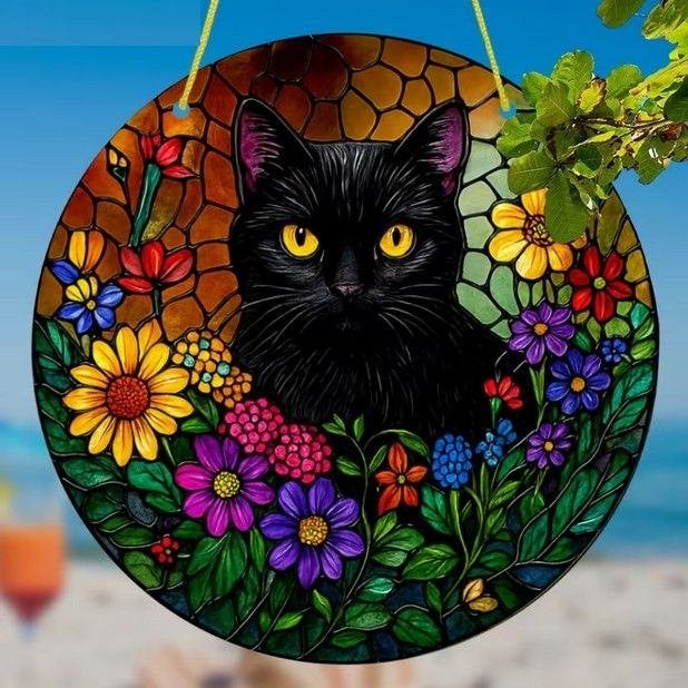 Raamhanger poes ( super kleurrijk ), Tuin en Terras, Tuinwanddecoratie, Nieuw, Verzenden