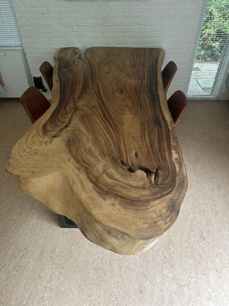 Unieke massieve Suar-houten boomstamtafel  265 cm, Ophalen, 100 tot 150 cm, Xyleia SUAR duurzaam Indonesië, 200 cm of meer