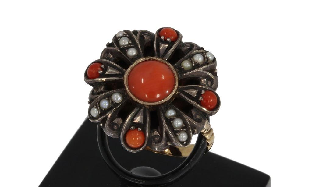 Bloedkoraal parel antieke 14k gouden luxe dames ring zilver, Verzenden, Goud, Ring, Met edelsteen