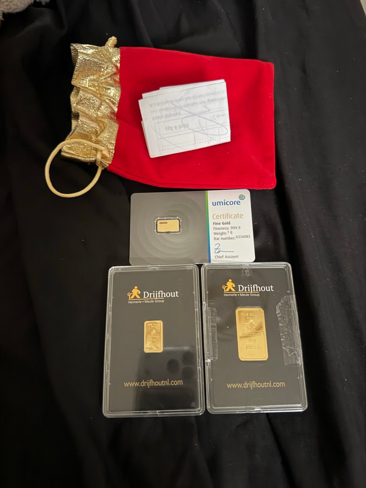 Goudbaren: 1g Umicore en 2x Drijfhout (1g en 2.5g en 20g), Ophalen of Verzenden, Goud