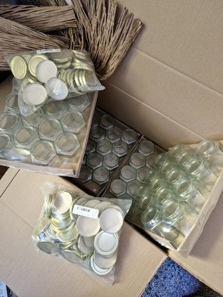 Hexagonale potjes, glazen potjes partij, Ophalen of Verzenden, Nieuw, Glas, Pot, Bus of Blik