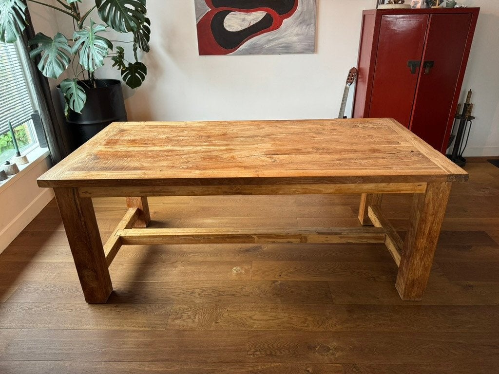 Stijlvolle teak eettafel (6 personen) – inclusief 6 stoelen, Huis en Inrichting, Tafels | Eettafels, Ophalen, Gebruikt, Robuust, massief
