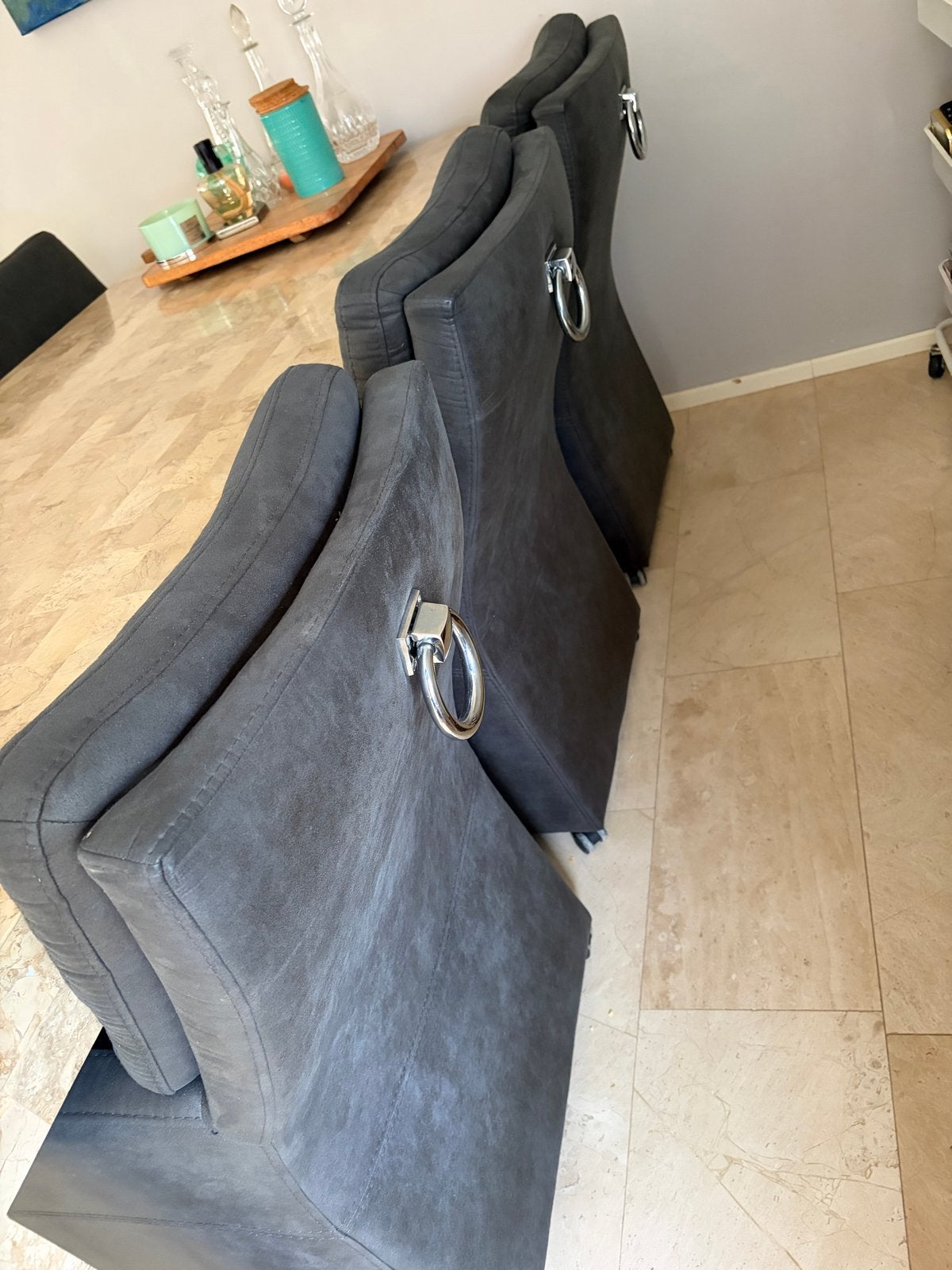 Set van 6 donkergrijze eetkamerstoelen met ring, Ophalen, Gebruikt, Leer, Grijs