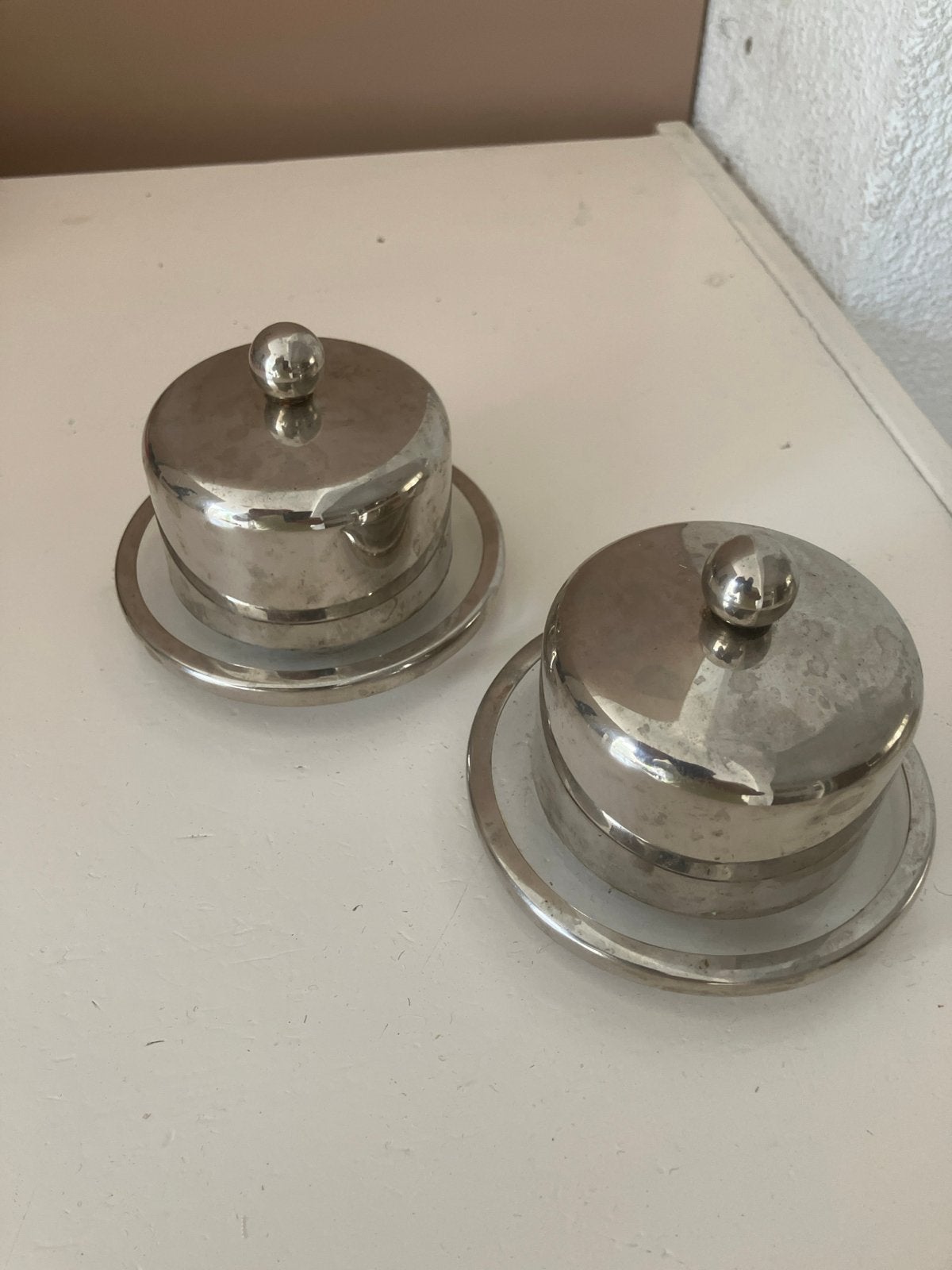 Set van 2 vintage roestvrijstalen botervloten, Ophalen of Verzenden