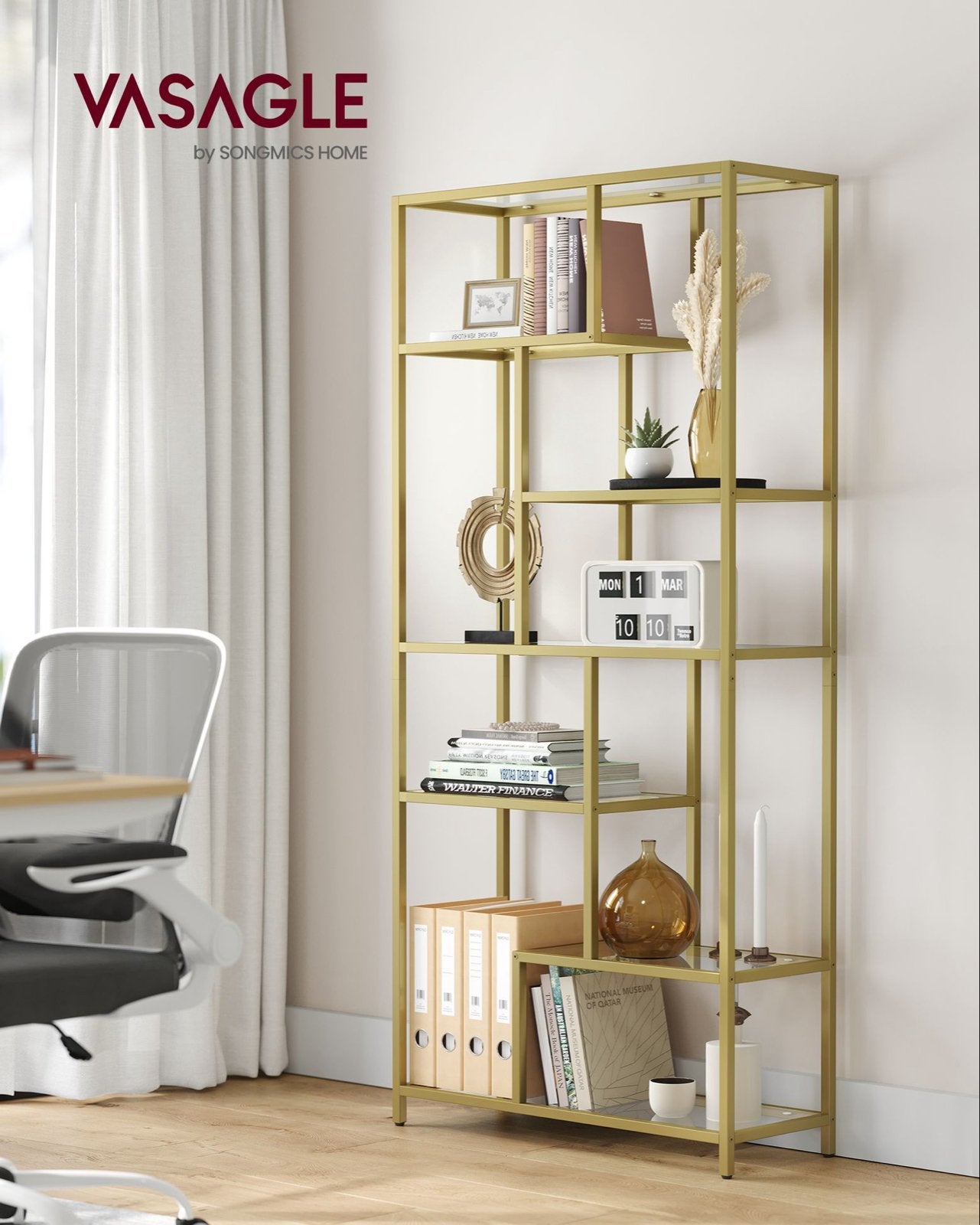 VASAGLE Luxe Gouden Vakkenkast Open Boekenkast met Glas, Met plank(en), Nieuw, Metaal, 150 tot 200 cm