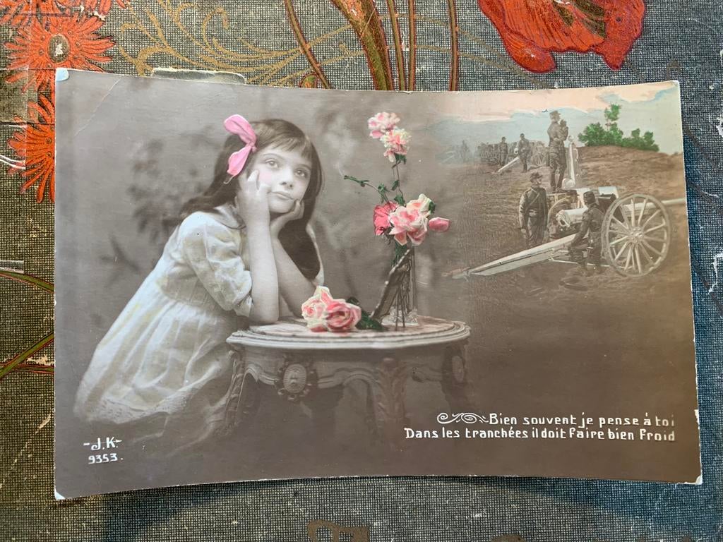 Meisje denkt aan haar vader in de loopgraven, Verzamelen, Ophalen of Verzenden, Voor 1920, Gelopen, Kinderen