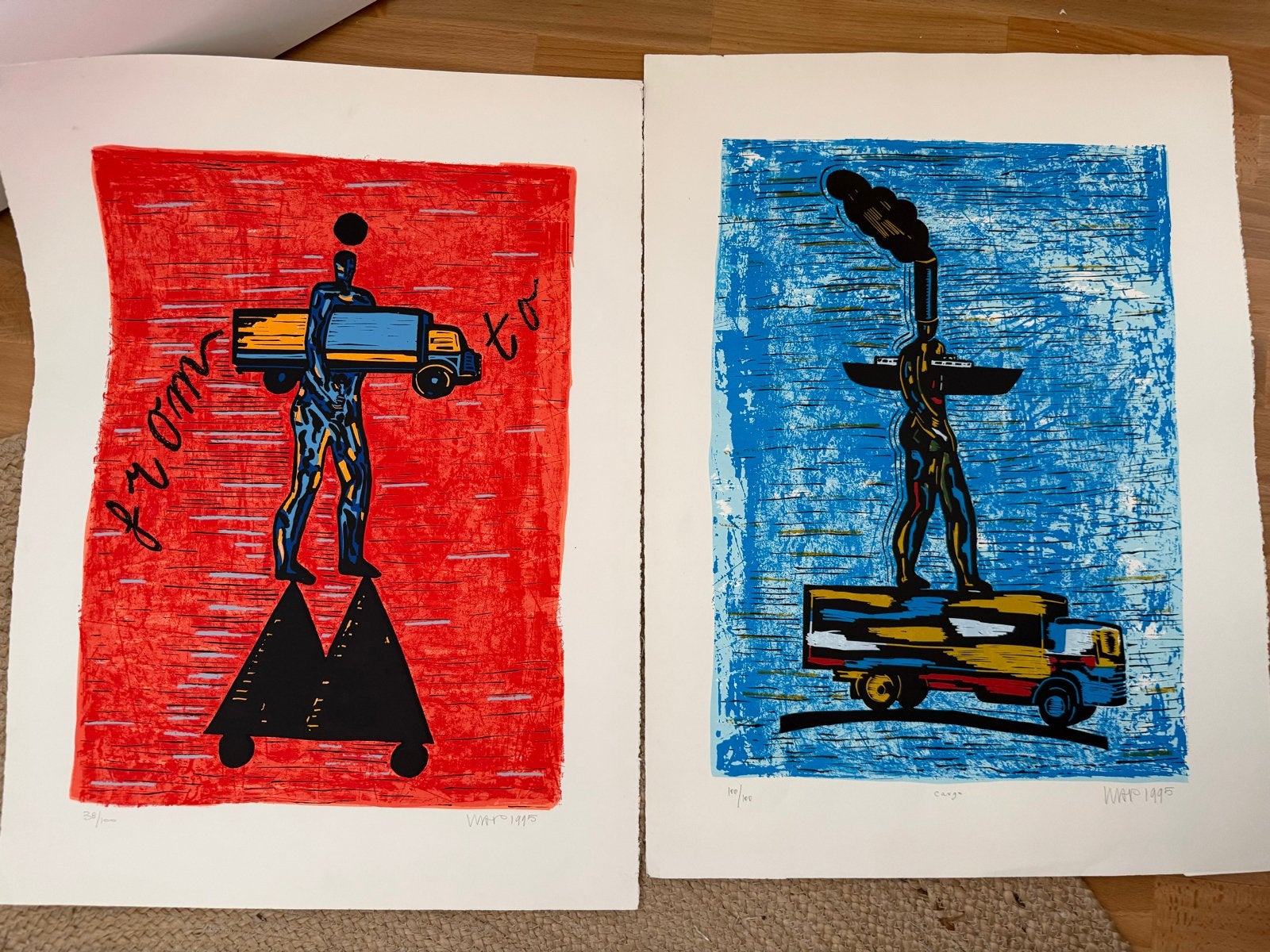 Hans Wap - Cargo (1995) - Kleurenzeefdrukken (2 stuks), Gelimiteerde oplage, Ophalen of Verzenden, Overige onderwerpen, Zeefdruk