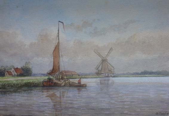 H. Hulk (1842-1937) aquarel tjalk met een schippersvlet, Ophalen, Maritiem / water, Achter glas, Klassiek