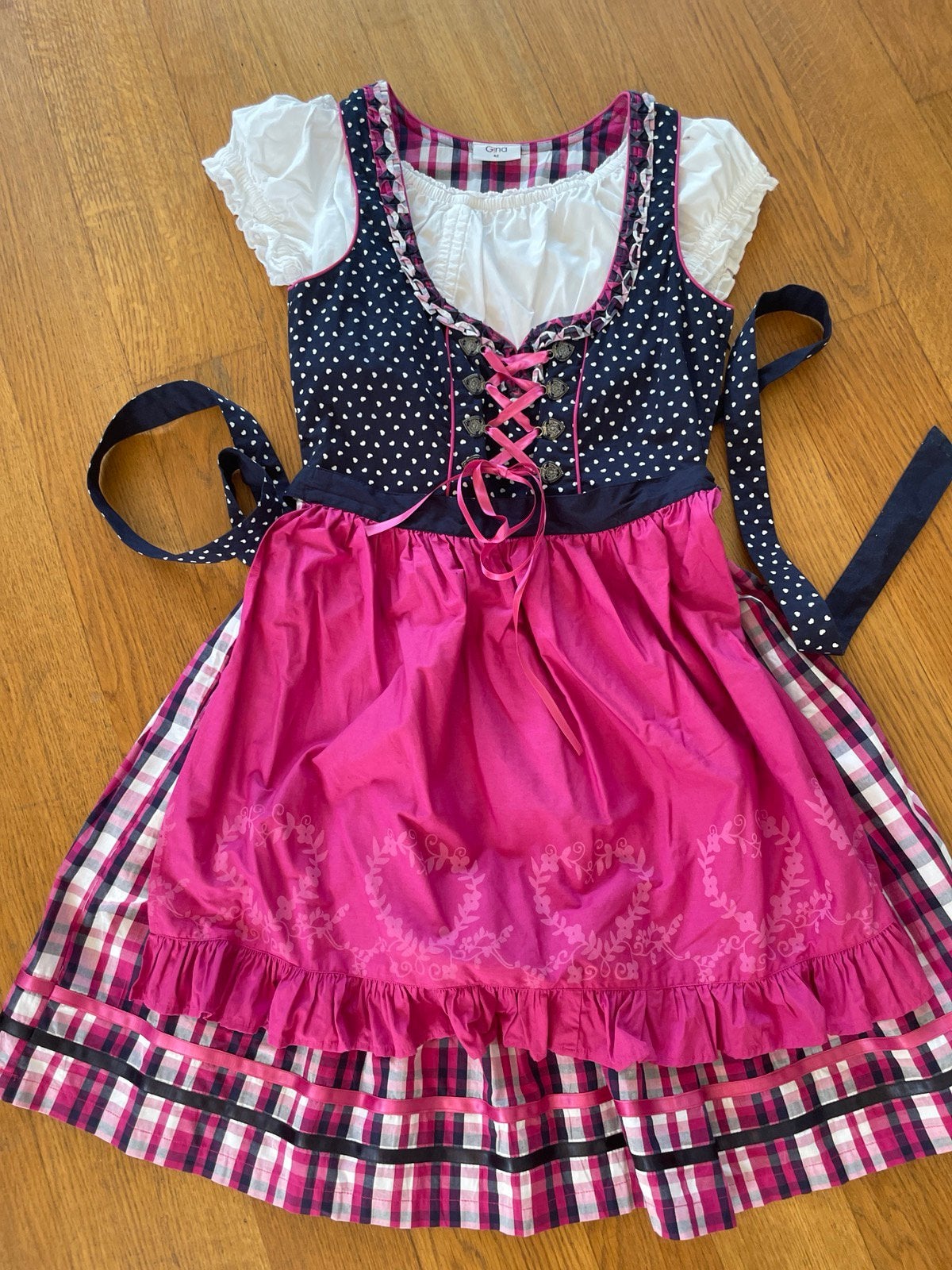 Dirndl Oktoberfest pink blauw met bloes en schort, Maat 38/40 (M), Ophalen of Verzenden, Overige thema's, Kleding