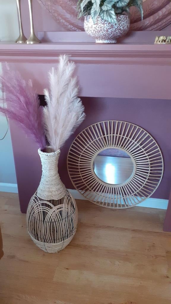 Rotan Set: Spiegel, Vaas met Pluimen(Boho sfeertje), Ophalen of Verzenden, Zo goed als nieuw, Rond, Minder dan 50 cm