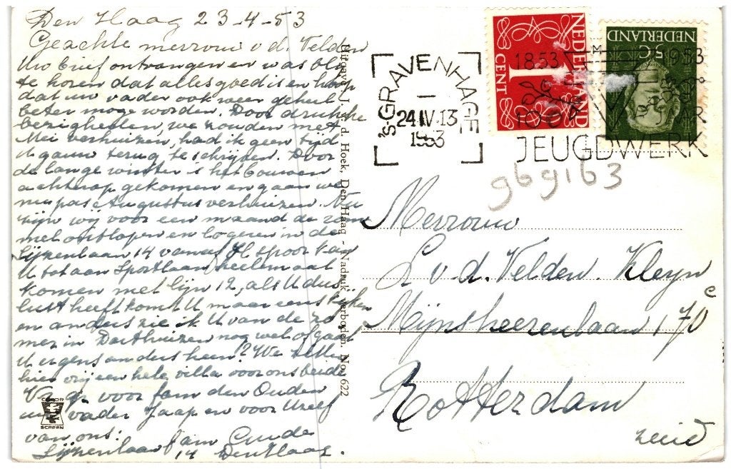 969163	Den Haag	Vredespaleis	1953	Gelopen met postzegel, Ophalen of Verzenden, 1940 tot 1960, Gelopen, Zuid-Holland