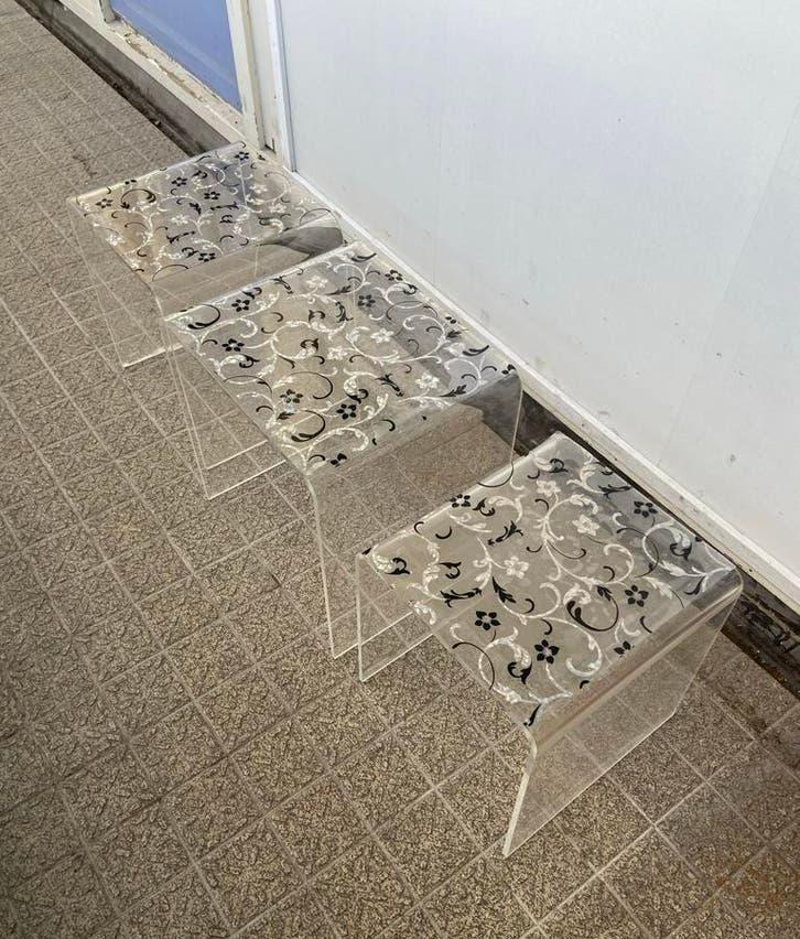 Set 3 Plexiglas Bijzettafels Bijzettafeltjes Bijzettafeltje, Ophalen, Minder dan 45 cm, Gebruikt, Rechthoekig