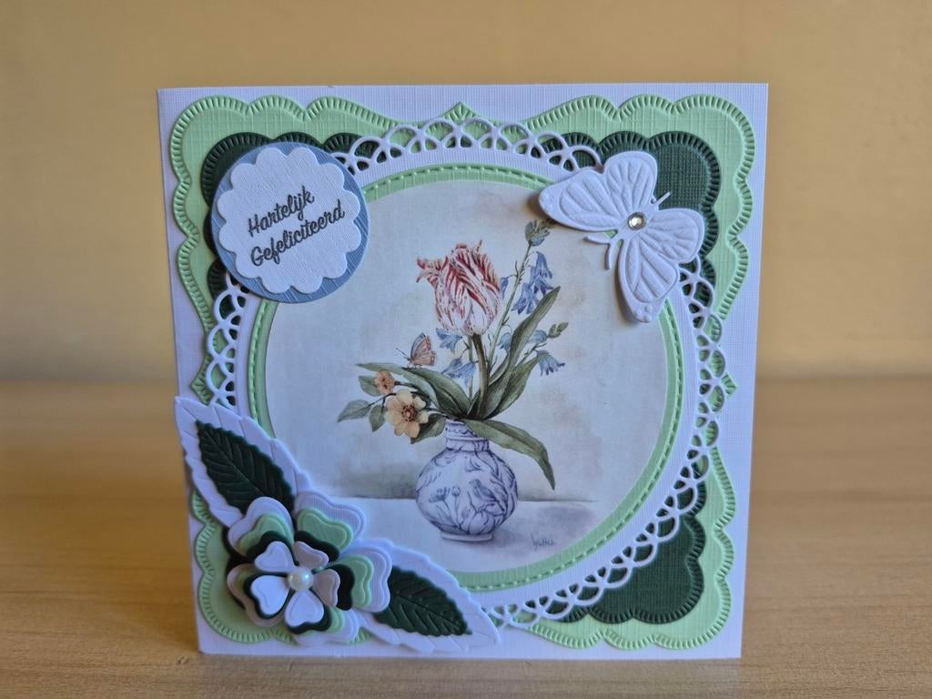 142a) zelfgemaakte kaart- vaas met bloemen ( hartelijk gefel, Hobby en Vrije tijd, Kaarten | Zelf maken, Ophalen of Verzenden