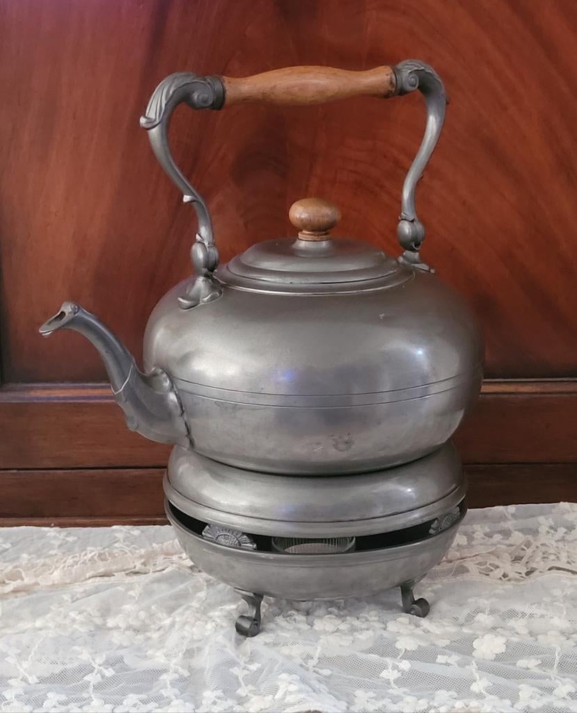 Grote Antieke Theepot met Theelicht, 90% Tin, Antiek en Kunst, Antiek | Tin, Ophalen of Verzenden