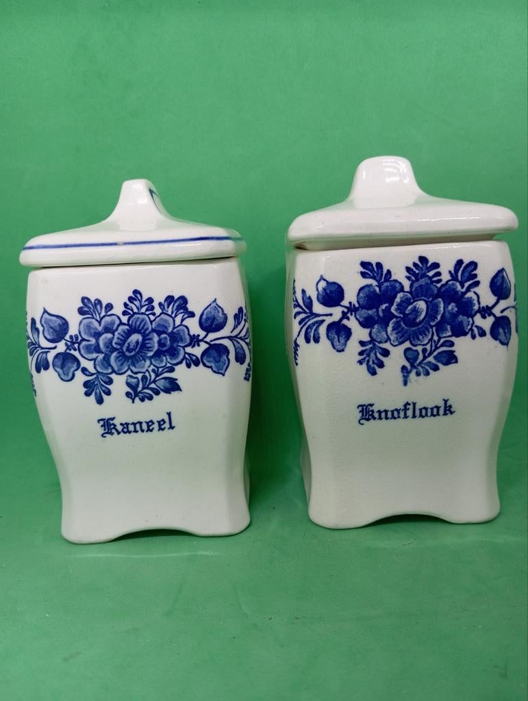 Vintage Delfts Blauw kruidenpotjes: Kaneel & Knoflook, Antiek en Kunst, Ophalen of Verzenden