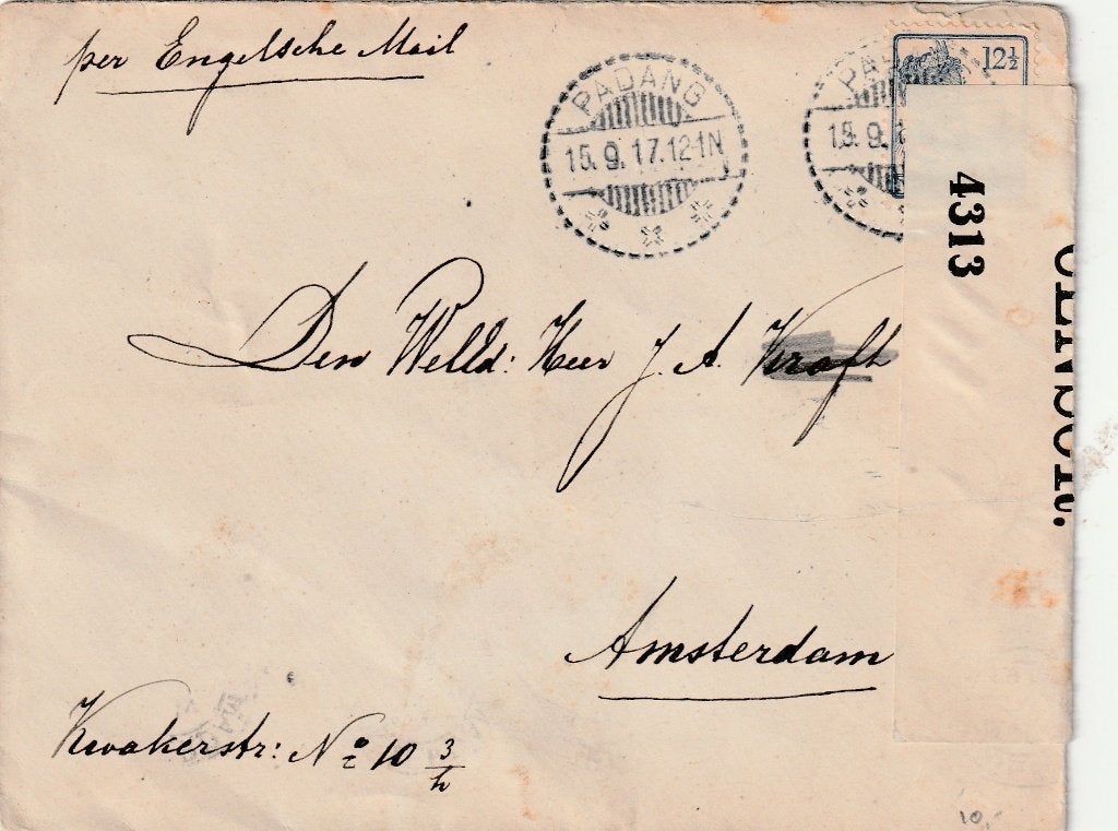 Envelop 1917 Ned. Indië  Padang Opened by censor, Postzegels en Munten, Brieven en Enveloppen | Buitenland, Ophalen of Verzenden