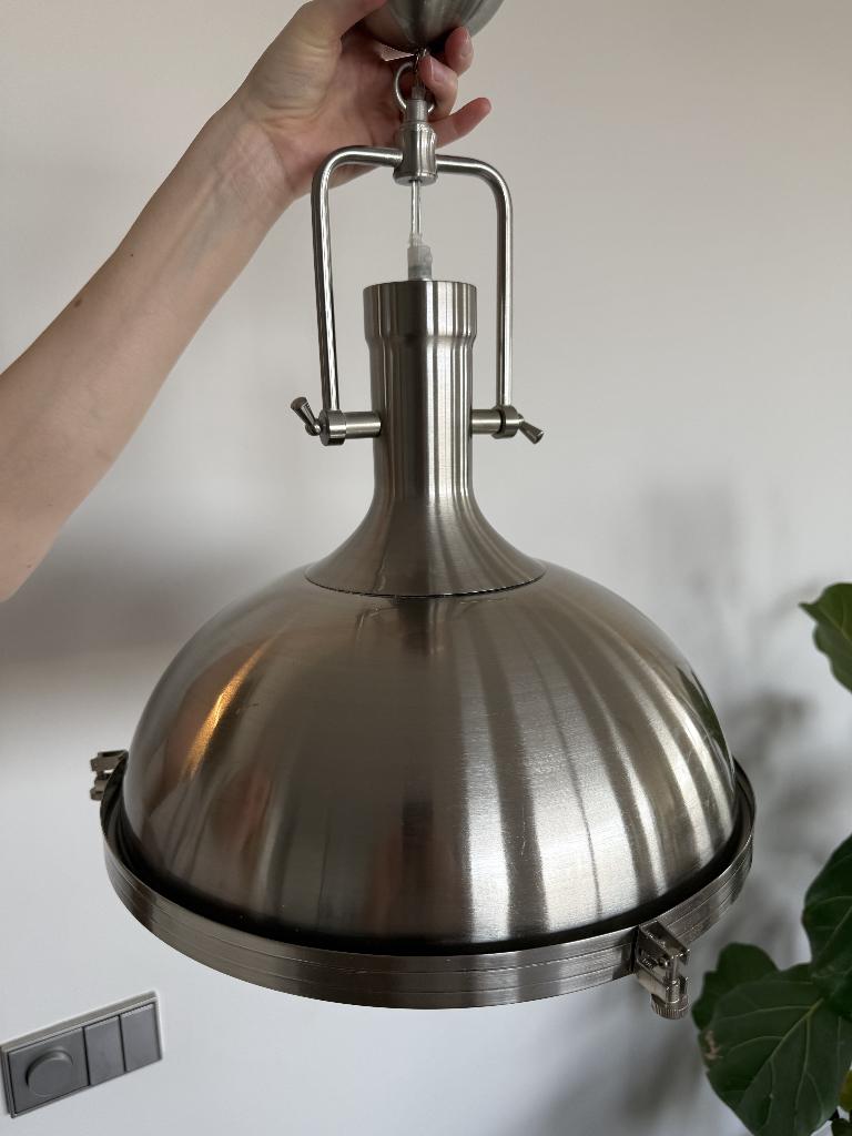 Industriële Hanglamp Smidse – Metaal / RVS Look – E27, Huis en Inrichting, Lampen | Hanglampen, Ophalen, Zo goed als nieuw, Glas