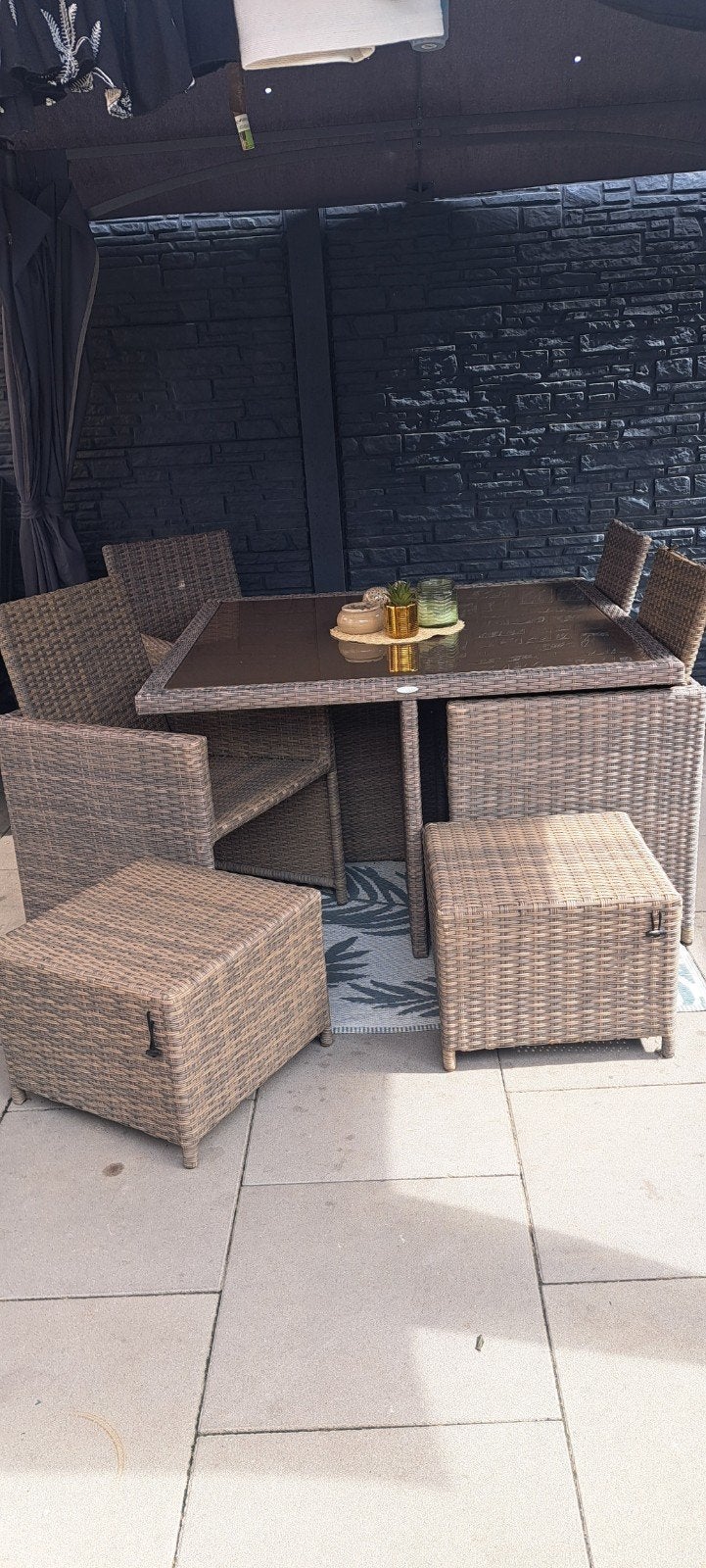 Tuinset met tafel, 4 stoelen en 4 krukjes, Ophalen, Gebruikt, 8 zitplaatsen, Tuinset