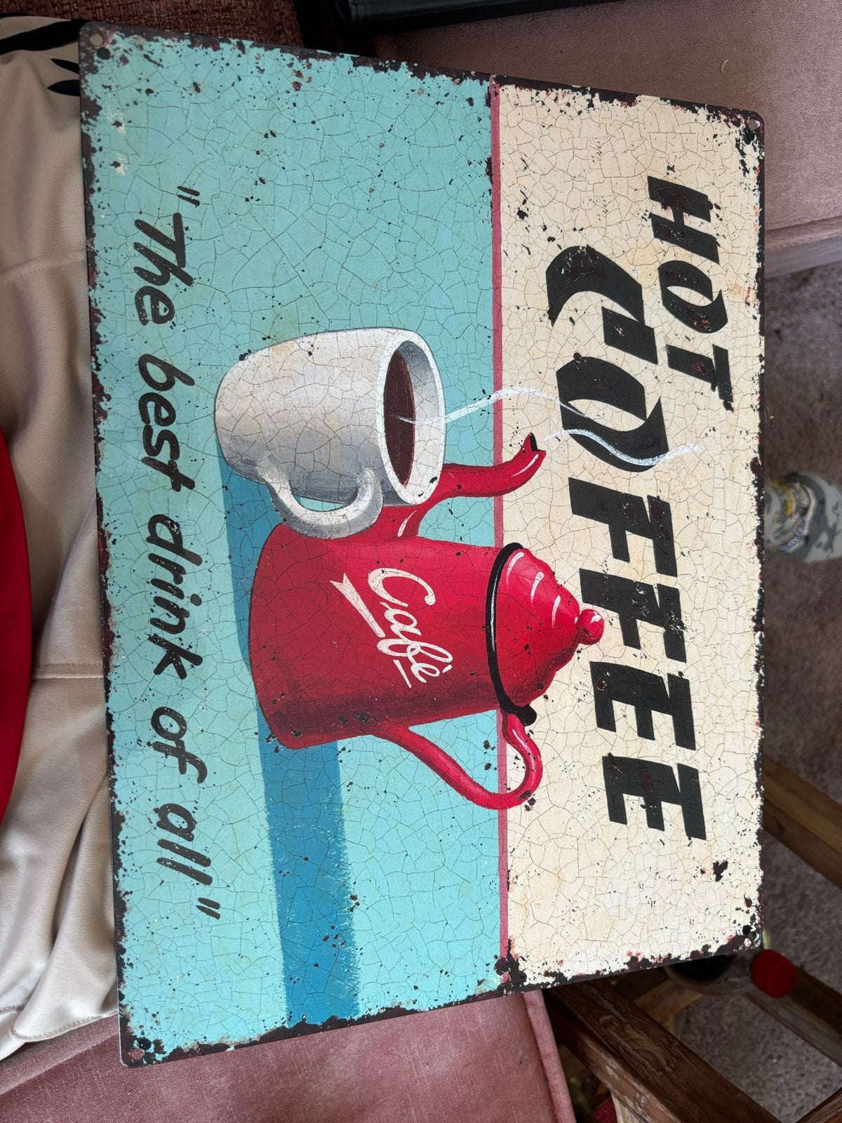 metalen reclameborden: 'Hot Coffee' en 'Coffee!', Vintage, Gebruikt, Meerkleurig, Ophalen of Verzenden
