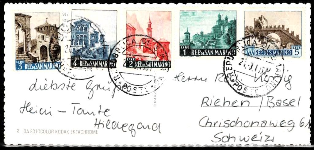 "San Marino" met 5 verschillende zegels, Verzenden, Overige typen