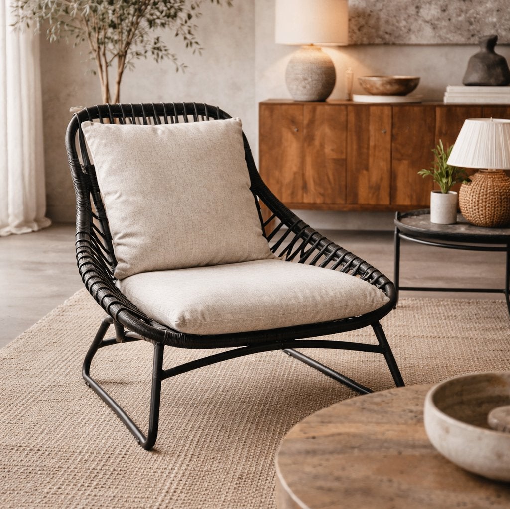 Magazijn Leegverkoop Fauteuil zwart rotan kussens beige SALE, Minder dan 75 cm, Nieuw, Info@wkhome.nl, Argonweg 20 Amersfoort
