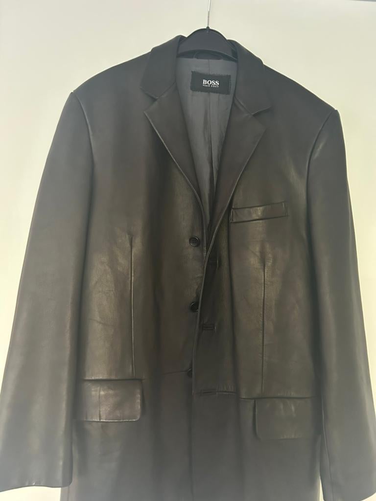Hugo Boss vintage zwarte leren jas XL, Ophalen of Verzenden, Gedragen, Maat 52/54 (L), Zwart