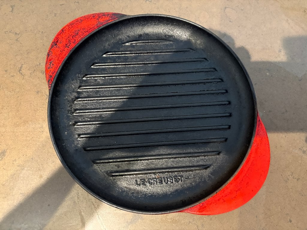 Le Creuset gietijzeren grillpan 25 cm rood, Ophalen, Koekenpan, Gebruikt, Gietijzer