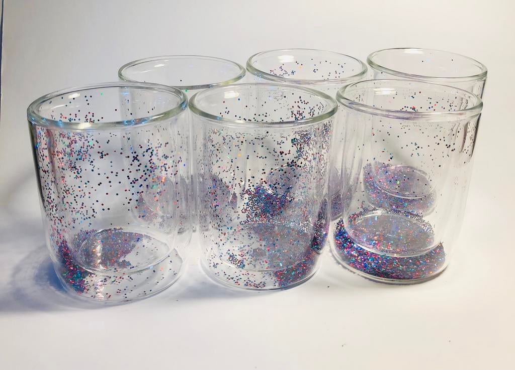 Zes dubbelwandige glitterglazen, 250 ml, Ophalen of Verzenden, Zo goed als nieuw, Overige typen