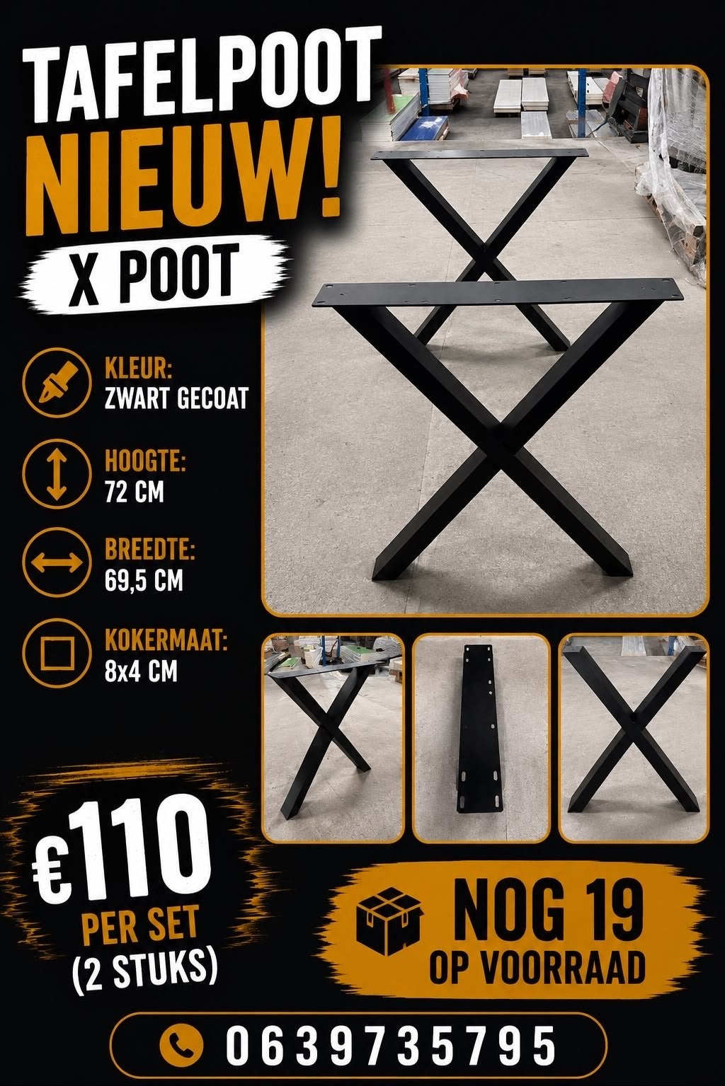 Nieuwe X-poot tafelpoten - Zwart gecoat (set van 2)