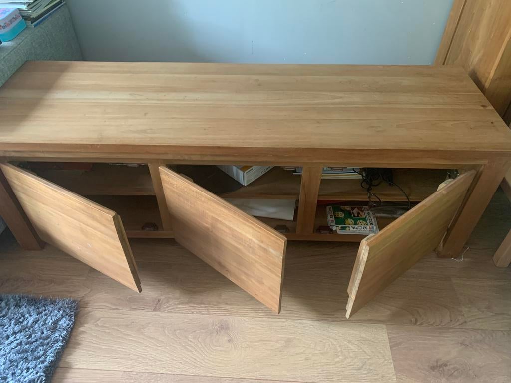 Teakhouten lage kast, Ophalen, 150 tot 200 cm, 200 cm of meer, Zo goed als nieuw