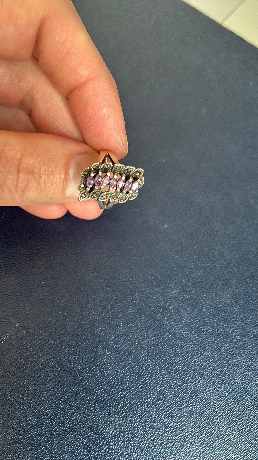 925 Sterling zilver ring 17,5 mm amathist markasiet, Gebruikt, Ophalen of Verzenden, 17 tot 18, Dame