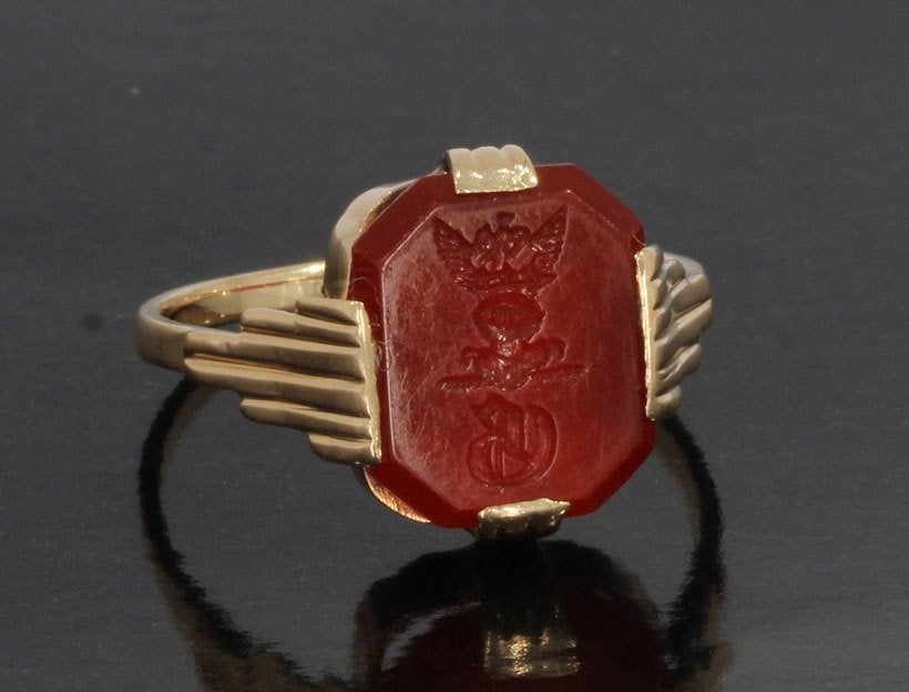 Familiewapen carneool 14k vintage zegel ring dame goud uniek, Ophalen of Verzenden, Goud, Ring, Met edelsteen
