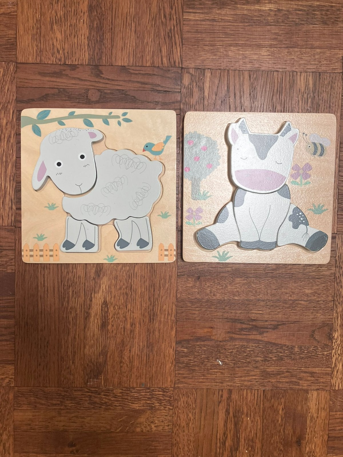 Houten Dieren Puzzels: Schaap en Koe voor Peuters, Ophalen of Verzenden, Zo goed als nieuw, Van hout, Minder dan 10 stukjes