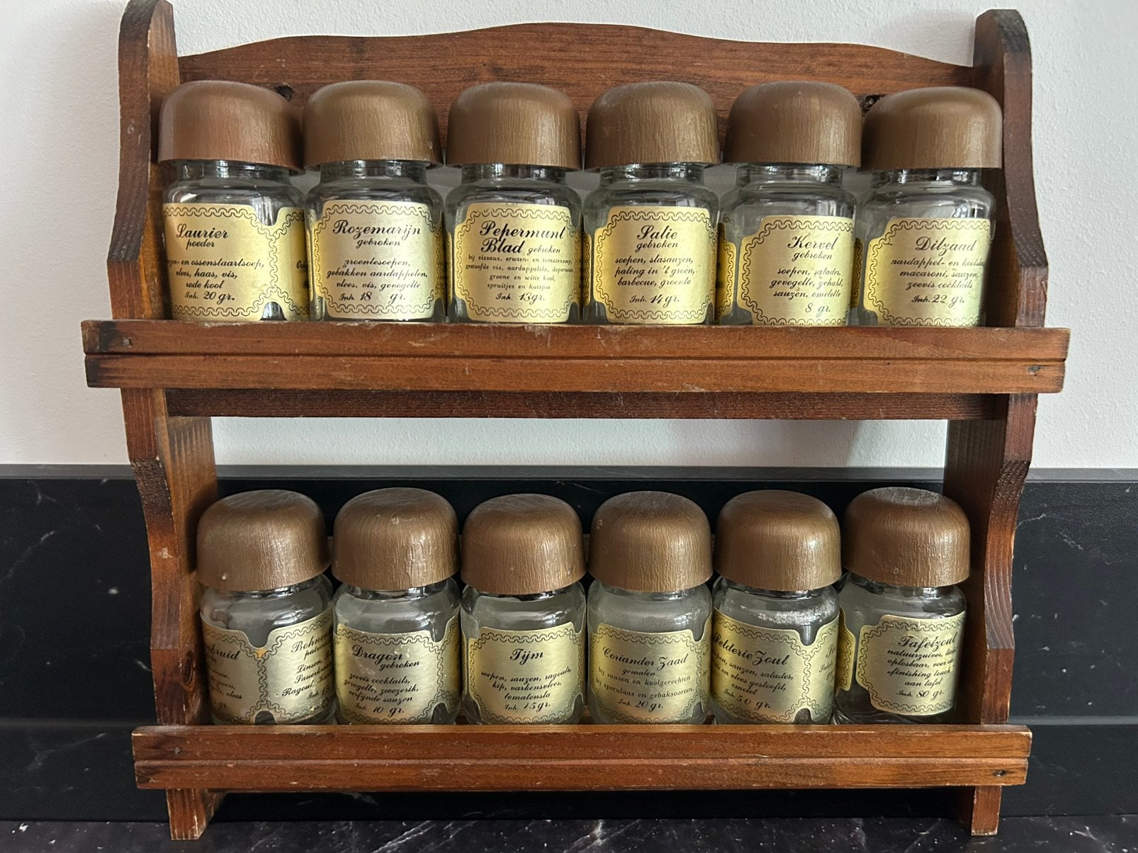 Prachtig vintage kruidenrek jaren 70 met 12 glazen potjes, Ophalen of Verzenden
