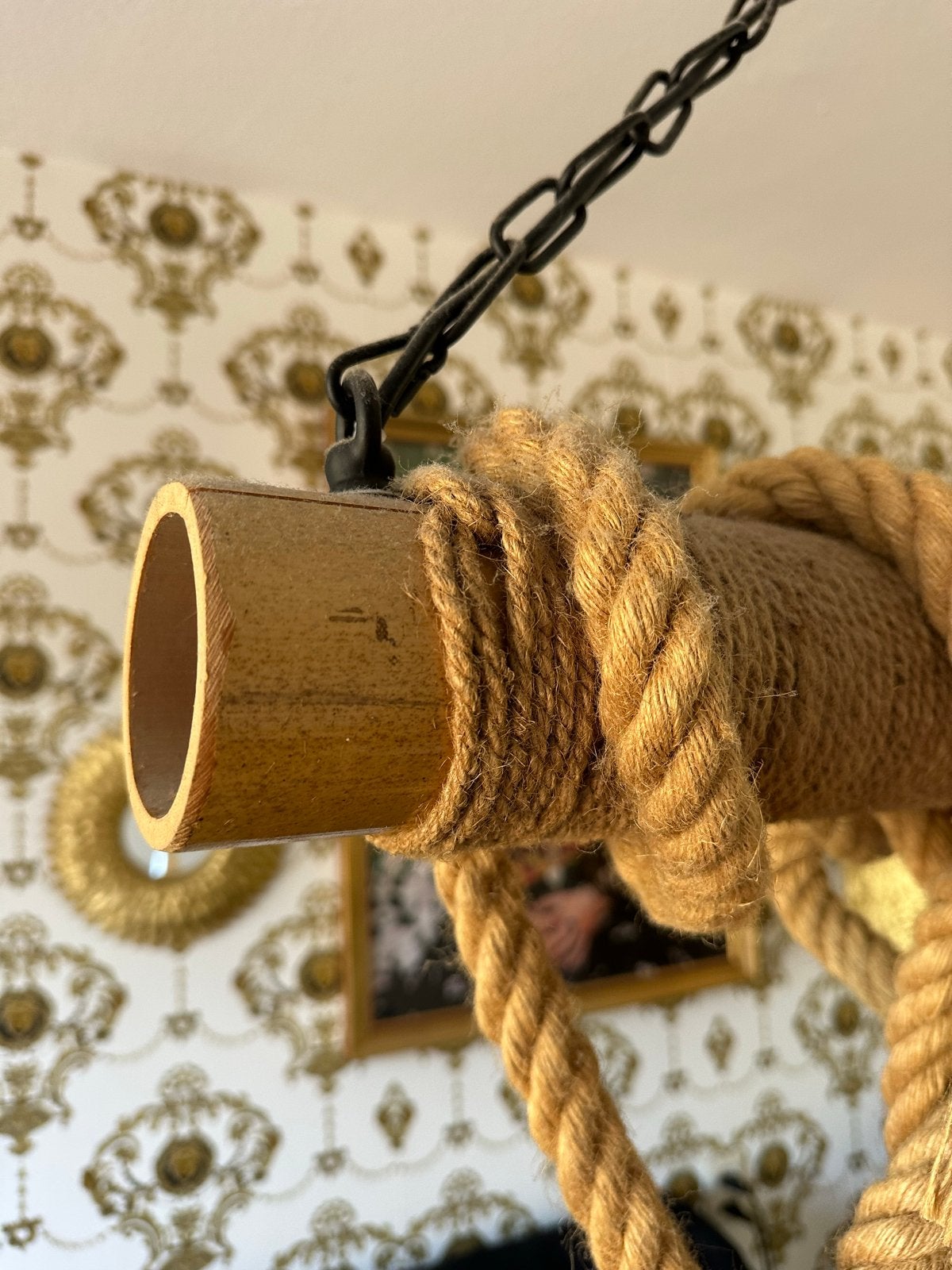 Rustieke bamboehanglamp met touw, Huis en Inrichting, Lampen | Hanglampen, Ophalen, Gebruikt, Overige materialen, E27 (groot)