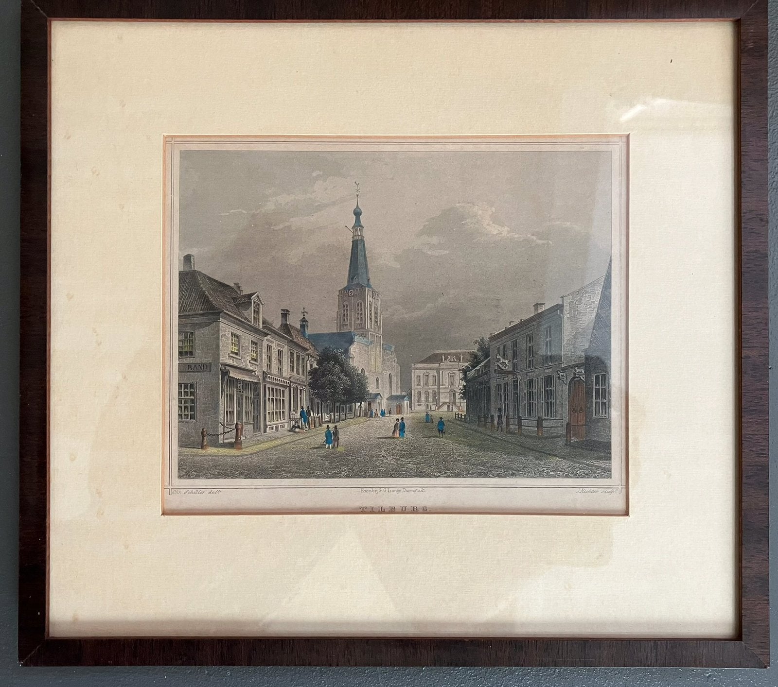Originele Gravure Tilburg door J. Richter, mooie kleuren, Antiek en Kunst, 1800 - 1899, Stadsgezicht, Handgekleurd, Ophalen of Verzenden